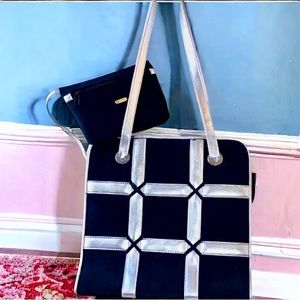 Comeco Vintage Shoulder Handbag Black Fabric + Silver Faux Leather